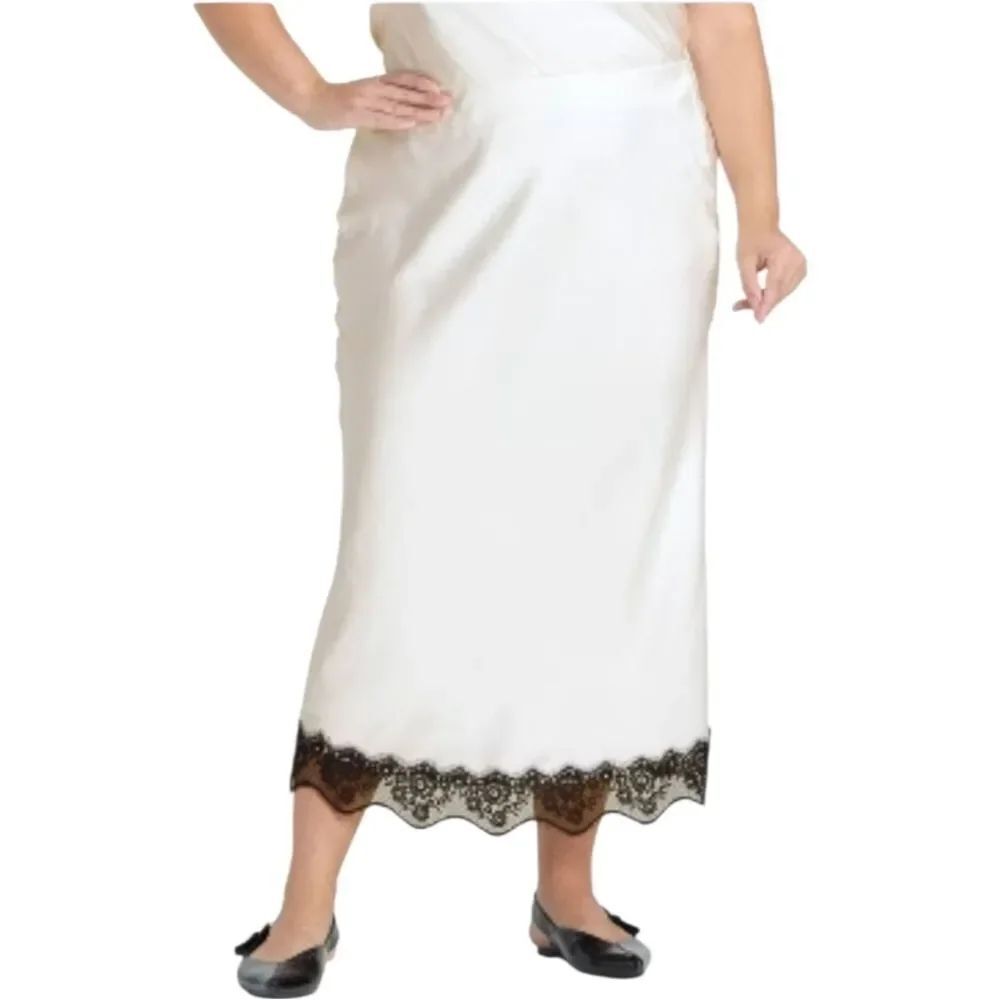 New Day Lace Trim Satin Midi Slip Skirt Cream White Black Lace Size XXL